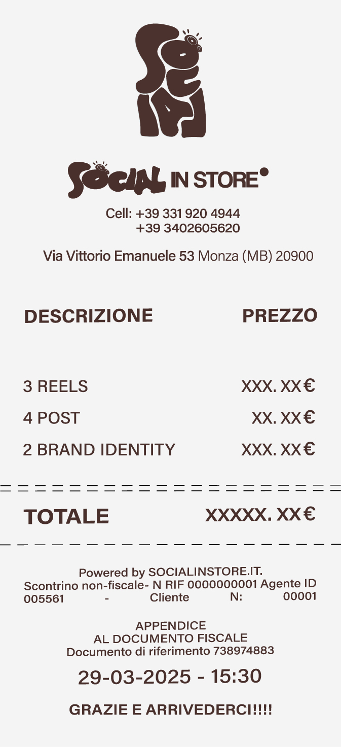 Scontrino grafico di Social in Store con l’elenco dei contenuti acquistati: reel, post e brand identity